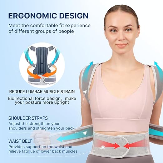 Adjustable Posture Corrector & Back Brace for Women and Men – Full Back and Shoulder Support with Breathable Mesh – Spine Alignment & Neck Pain Relief – Invisible Under Clothes (Gray, Large)