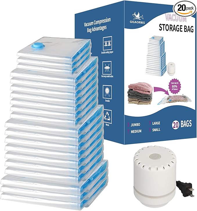 20 Pack Space Saver Vacuum Storage Bags for Clothing Travel, Vacuum Seal Compression Bags for Clothes, Packing, Luggage, Blankets, Comforters and Pillows, Electric Pump Included
