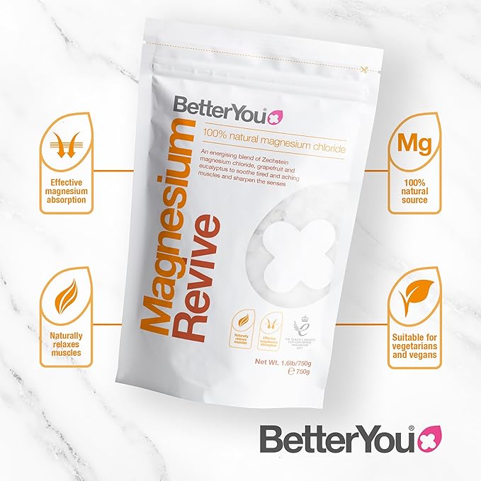 BetterYou Magnesium Revive Bath Flakes - Bath Salts with Magnesium - Energizing Grapefruit and Eucalyptus - Muscle Soothing and Skin Health - 1.6 lb
