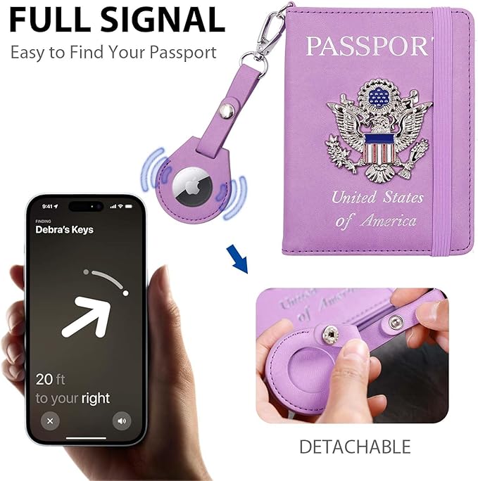 Cnycmy Passport Holder with Airtag,Passport-Wallet-Holder for Women, RFID Passport Holder with Slot Waterproof, PU Leather Travel Passport Case (purple1)