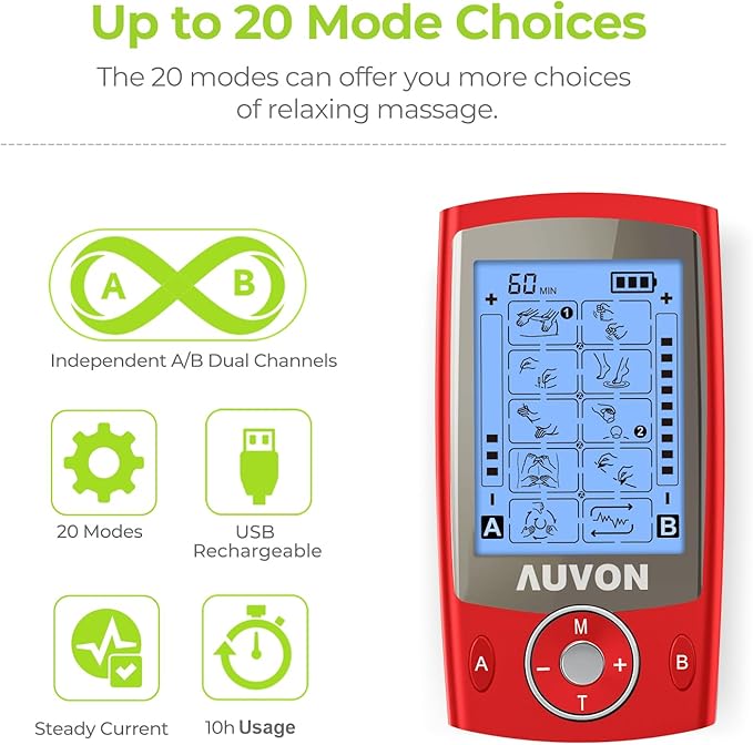 AUVON Dual Channel TENS Unit Muscle Stimulator Machine with 20 Modes, 2" and 2"x4" TENS Unit Electrode Pads (Red)