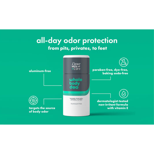 DOVE MEN + CARE Whole Body Deo Aluminum-Free Deodorant Stick Aloe + Bamboo Helps Avoid Chafing Suitable from Pits, Privates, to Feet 2.6 oz