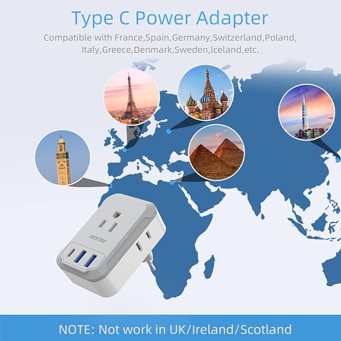 BESTEK 3 Pack European Travel Plug Adapter USB C - US to Europe Plug Adapter with 4 Outlets 3 USB Charger (1 PD 20W) Type C Plug Adapter Travel Essentials to Most Europe EU Spain Italy France Germany