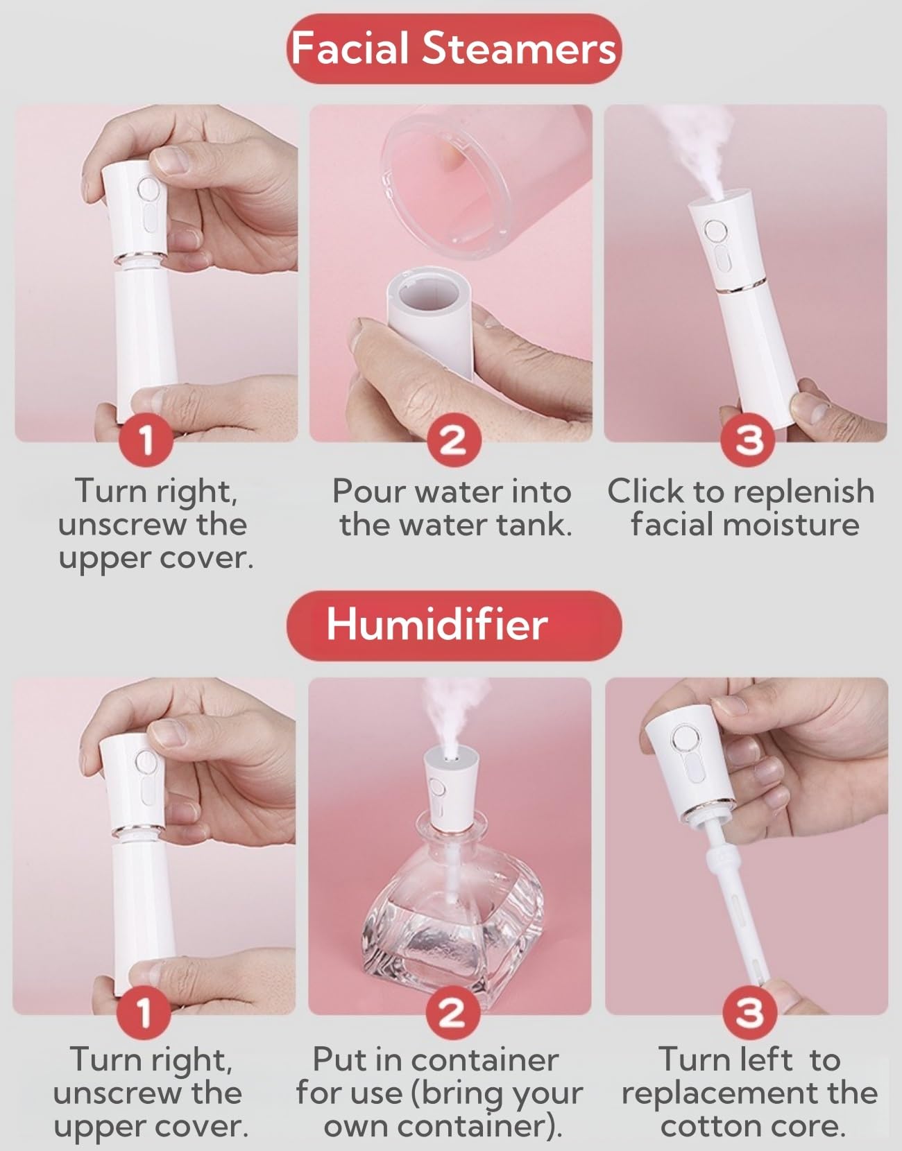 Portable Handheld Humidifier, Nano Spray Face Steamer, USB Rechargeable, Visual Water Tank, Mist Hydrating Humidication for Eyelash Extensions, Skin Care, Daily Makeup Facial Mister