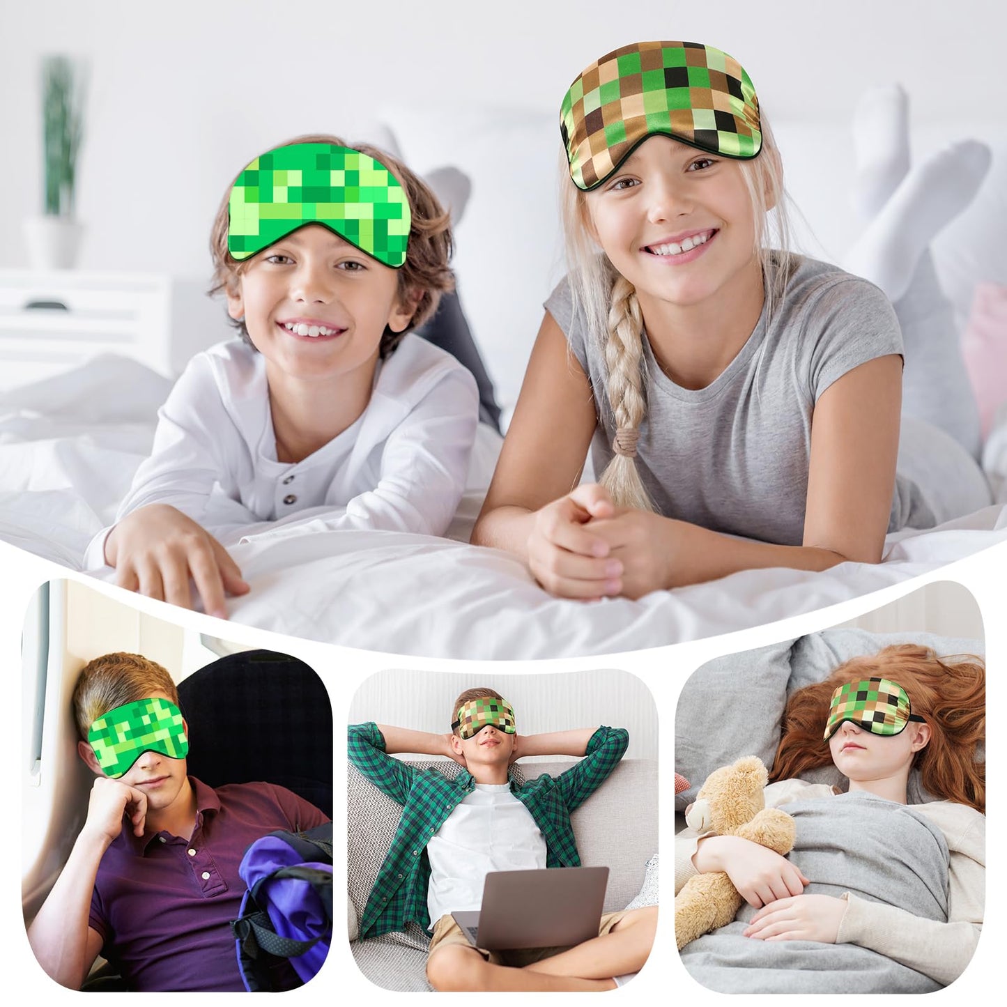 2 Pcs Sleep Mask for Kids Boys, Silk Eye Covers for Sleeping, Adjustable Strap & Light Blocking Design, Adult Children's Bedtime Blindfold for Travel and Home Use (My World)