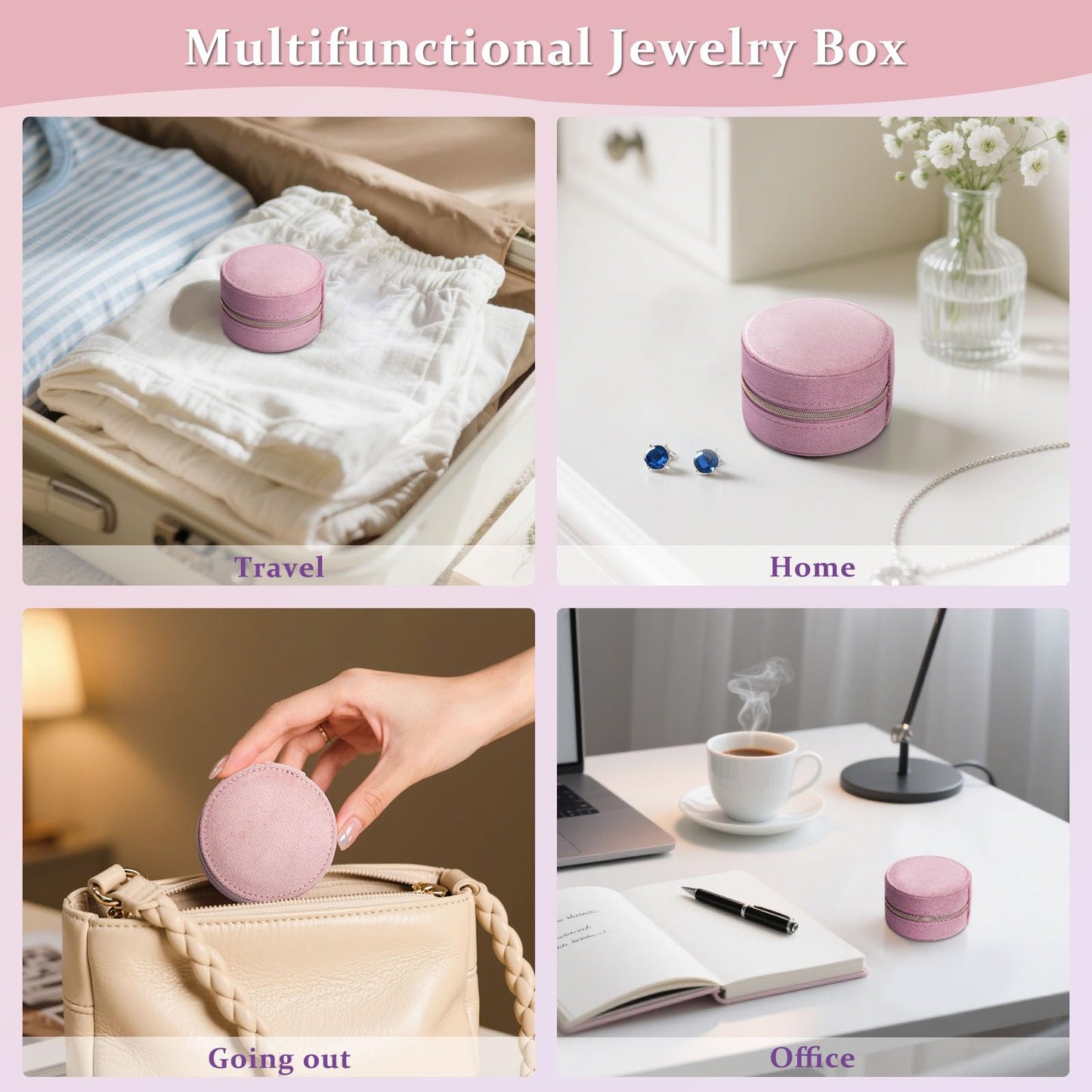CONBOLA Travel Jewelry Case Small Jewelry Box for Women Girls,Round Velvet Mini Jewelry Travel Organizer,Portable Jewelry Box for Rings Earrings Necklaces Bracelets.(Pink,Small)