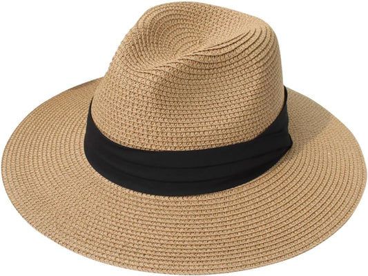 Lanzom Women Wide Brim Straw Panama Roll up Hat Fedora Beach Sun Hat UPF50+ (A-Square Belt Brown)