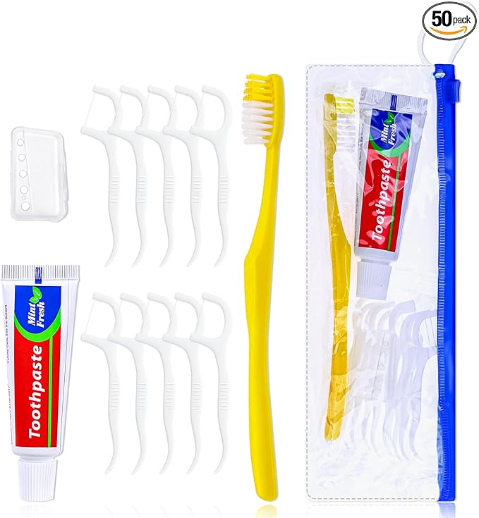 50 pcs Disposable Toothbrushes with Toothpaste and Floss Set,Yellow Individually Wrapped Bulk Single Use Toothbrush Floss Cover Travel Toothbrushes Kit with Zip Bag for Homeless,Hotel,Guest