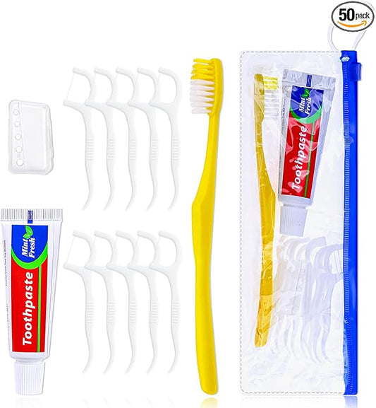 50 pcs Disposable Toothbrushes with Toothpaste and Floss Set,Yellow Individually Wrapped Bulk Single Use Toothbrush Floss Cover Travel Toothbrushes Kit with Zip Bag for Homeless,Hotel,Guest