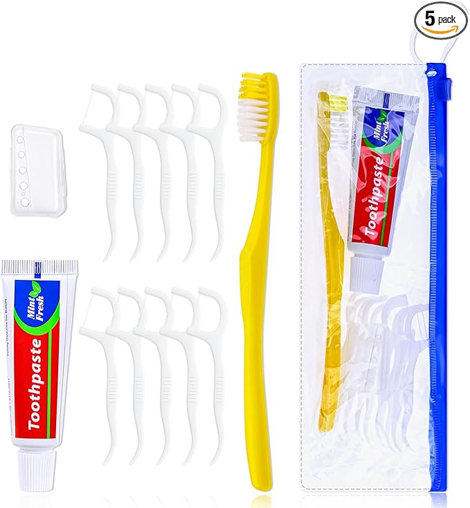 5 pcs Disposable Toothbrushes with Toothpaste and Floss Set,Yellow Individually Wrapped Bulk Single Use Toothbrush Floss Cover Travel Toothbrushes Kit with Zip Bag for Homeless,Hotel,Guest