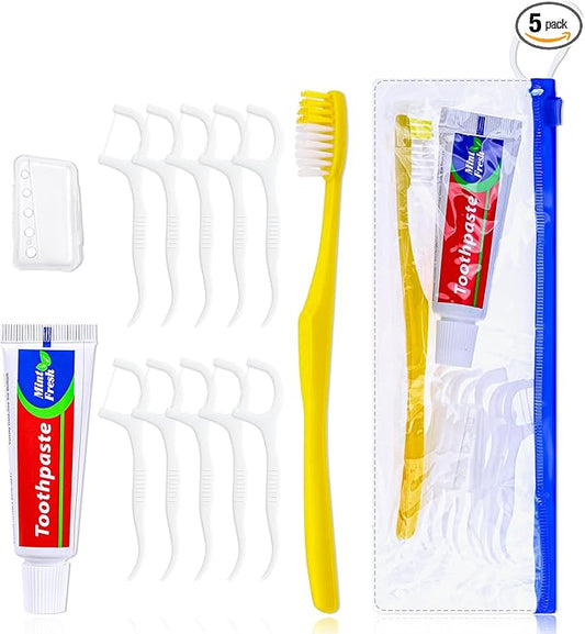 5 pcs Disposable Toothbrushes with Toothpaste and Floss Set,Yellow Individually Wrapped Bulk Single Use Toothbrush Floss Cover Travel Toothbrushes Kit with Zip Bag for Homeless,Hotel,Guest