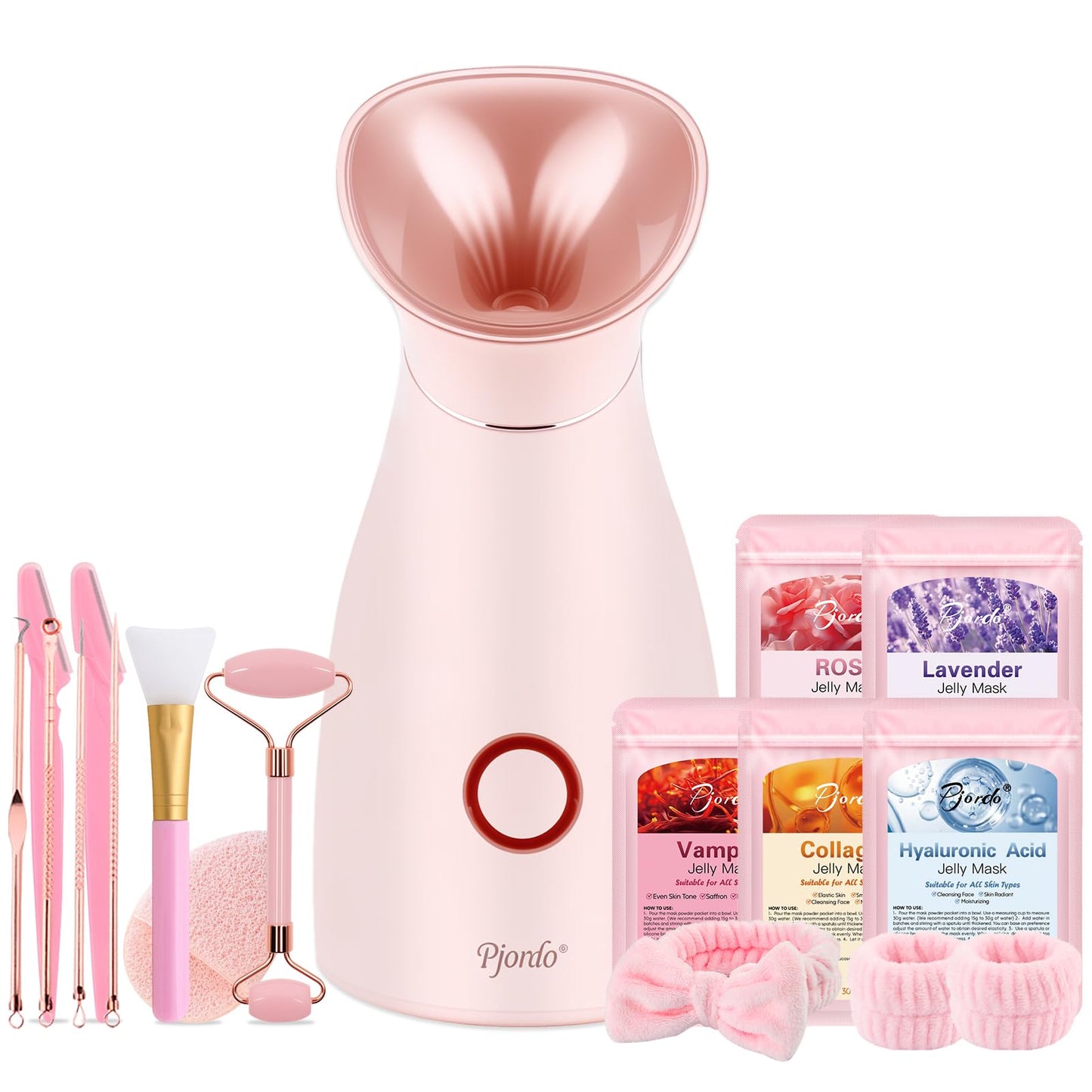 Pjordo Facial Steamer Spa Kit, 12 Skin Care Tools & 5 Jelly Mask Powder, Nano Ionic Steamer for Facial Deep Cleaning Unclog Pores Sinuses, Warm Mist Humidifier for Home SPA, Self Care Gifts for Women