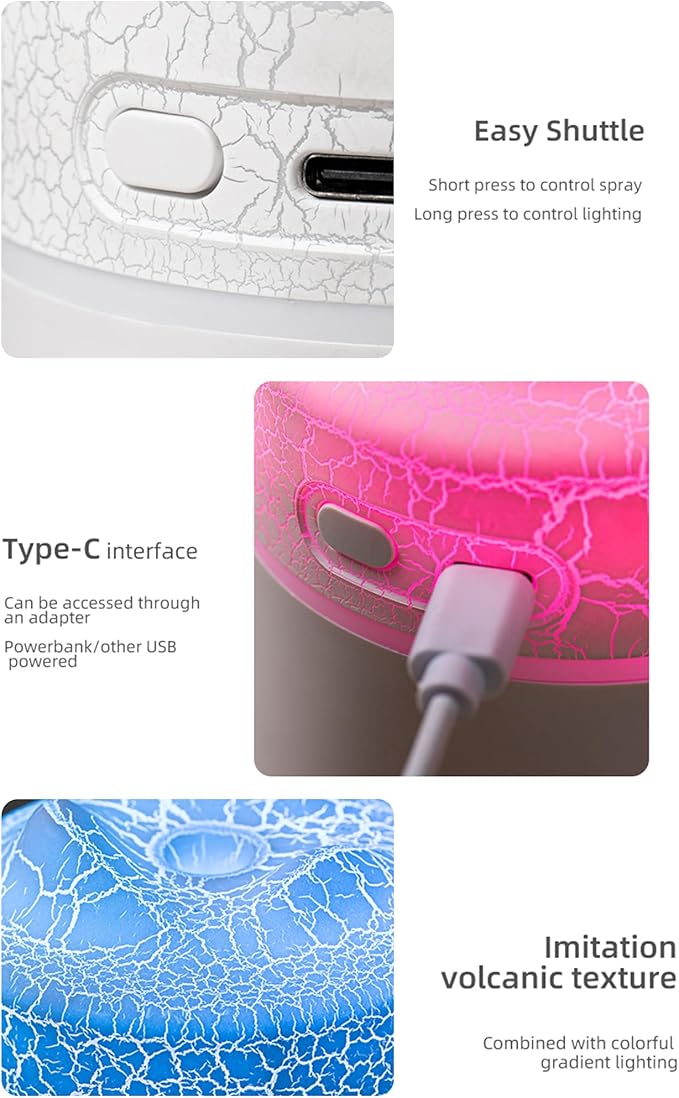 Portable Mini Humidifier, Colorful Volcanic Texture, 300mL Cool Mist Humidifier, USB Powered, Auto Shut-Off. Perfect for Bedroom, Office & Car.