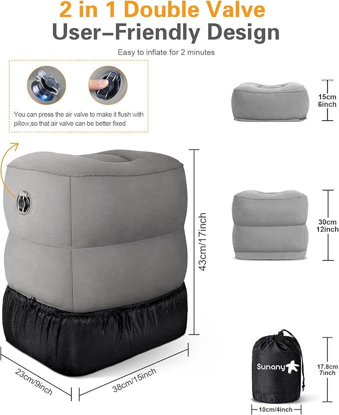 Sunany Inflatable Foot Rest Pillow for Travel, Kids/Adults Airplane Travel Pillow-Adjustable Height Cushions,for Kids to Sleep While Traveling,Suitable for Office, Home and Any Travell (1 Pack)