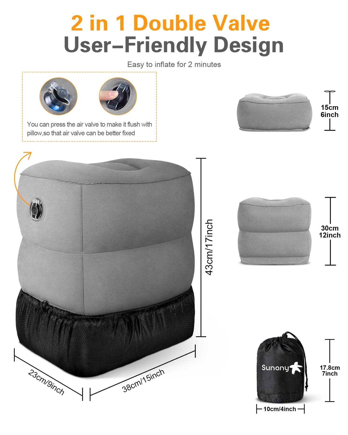 Sunany Inflatable Foot Rest Pillow for Travel, Kids/Adults Airplane Travel Pillow-Adjustable Height Cushions,for Kids to Sleep While Traveling,Suitable for Office, Home and Any Travell (1 Pack)