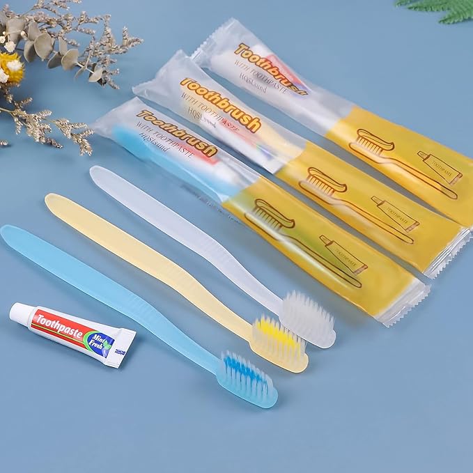 210 Pack Disposable Toothbrushes with Toothpaste Individually Wrapped Disposable Toothbrushes Bulk Travel Toothbrush Kit for Hotel Guest, 3 Colors