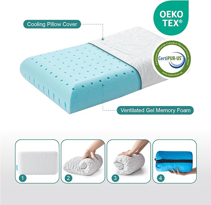 Small Gel Memory Foam Camping Pillow Travel - Contoured Support -Compressible Pillow Ideal for Backpacking, Camping, Travel, Car, Airplane,Office Nap