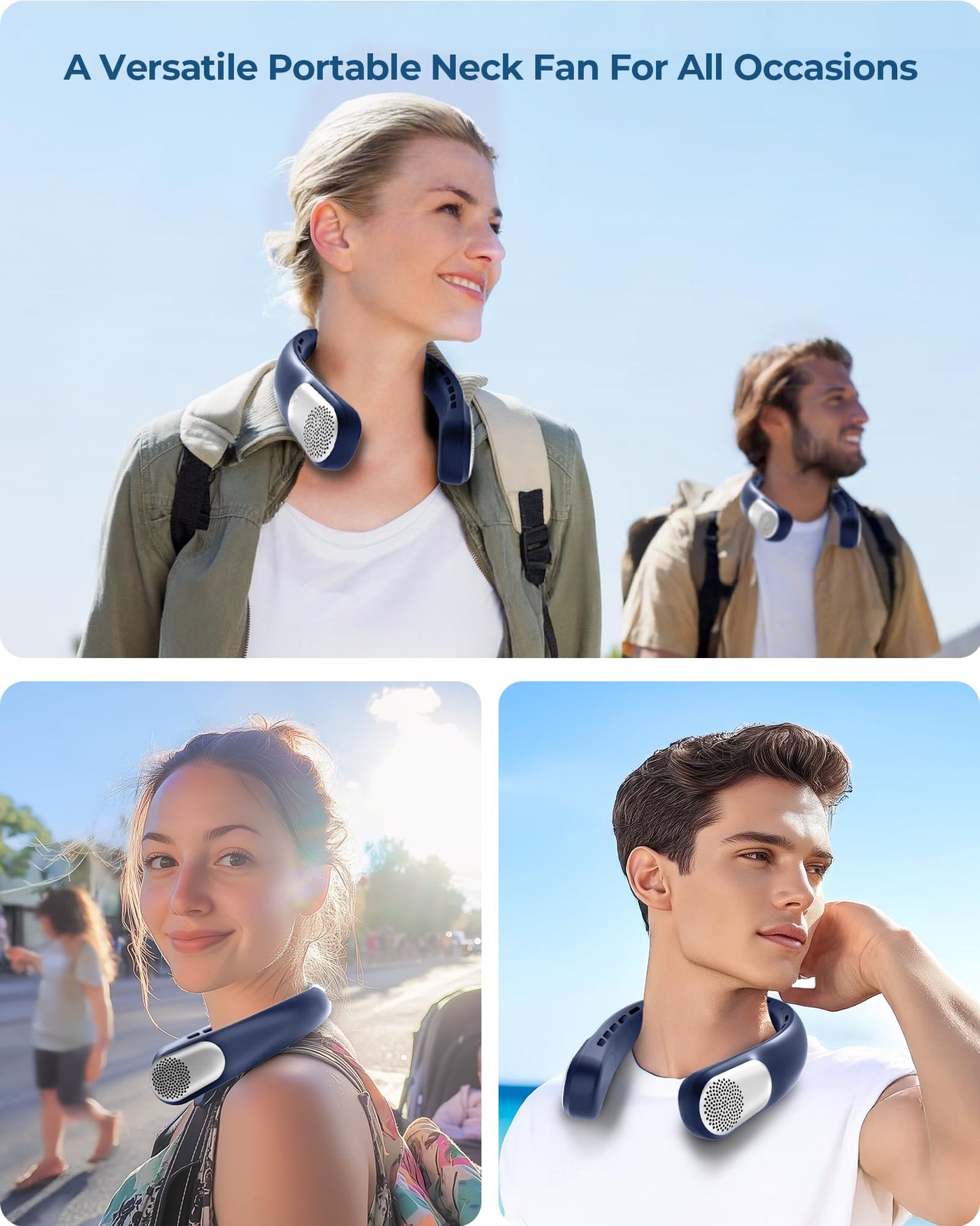 wegte Portable Neck Fan Rechargeable, 3 Speed Settings, Wearable Bladeless Neck Fan, 360°Personal Fan Neck Cooler with 4000mAh Battery,Twistable Lightweight and Quiet–Birthday Gift for Women-Blue