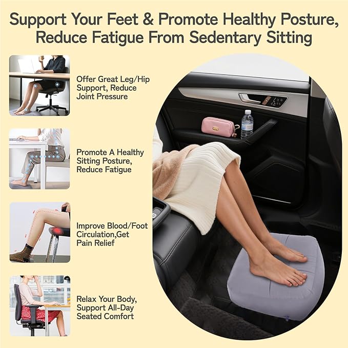 Inflatable Foot Rest for Airplane Travel & Office, Portable Leg Rest Pillow, Elevating Feet for Economy Flight, Home Desk, Car Use - Grey