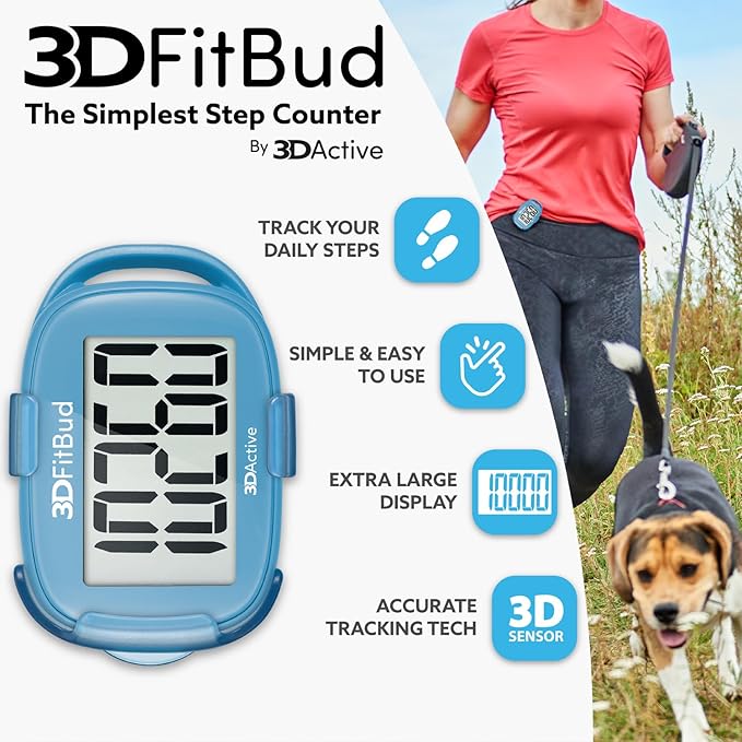 3DFitBud Simple Step Counter Walking 3D Pedometer by 3DActive with Clip, Lanyard Accurate Fitness Tracker for Men, Women & Elderly Daily Exercise - A420S