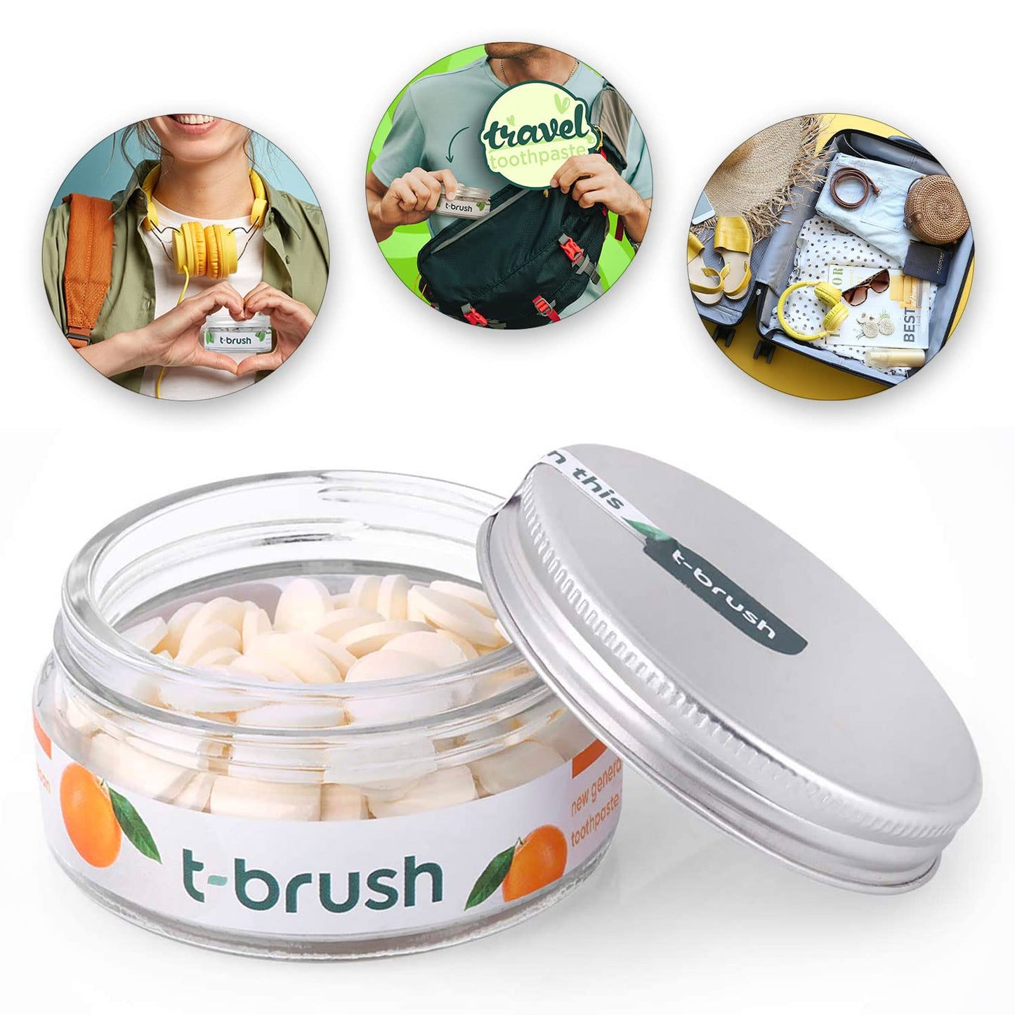 T-brush Whitening Travel Toothpaste Tablets Natural Ingredients, SLS Free, Gluten Free, Cruelty Free, Eco Friendly Packaging, Vegan - Orange Flavoured- Fluoride Free- 90 Tablets