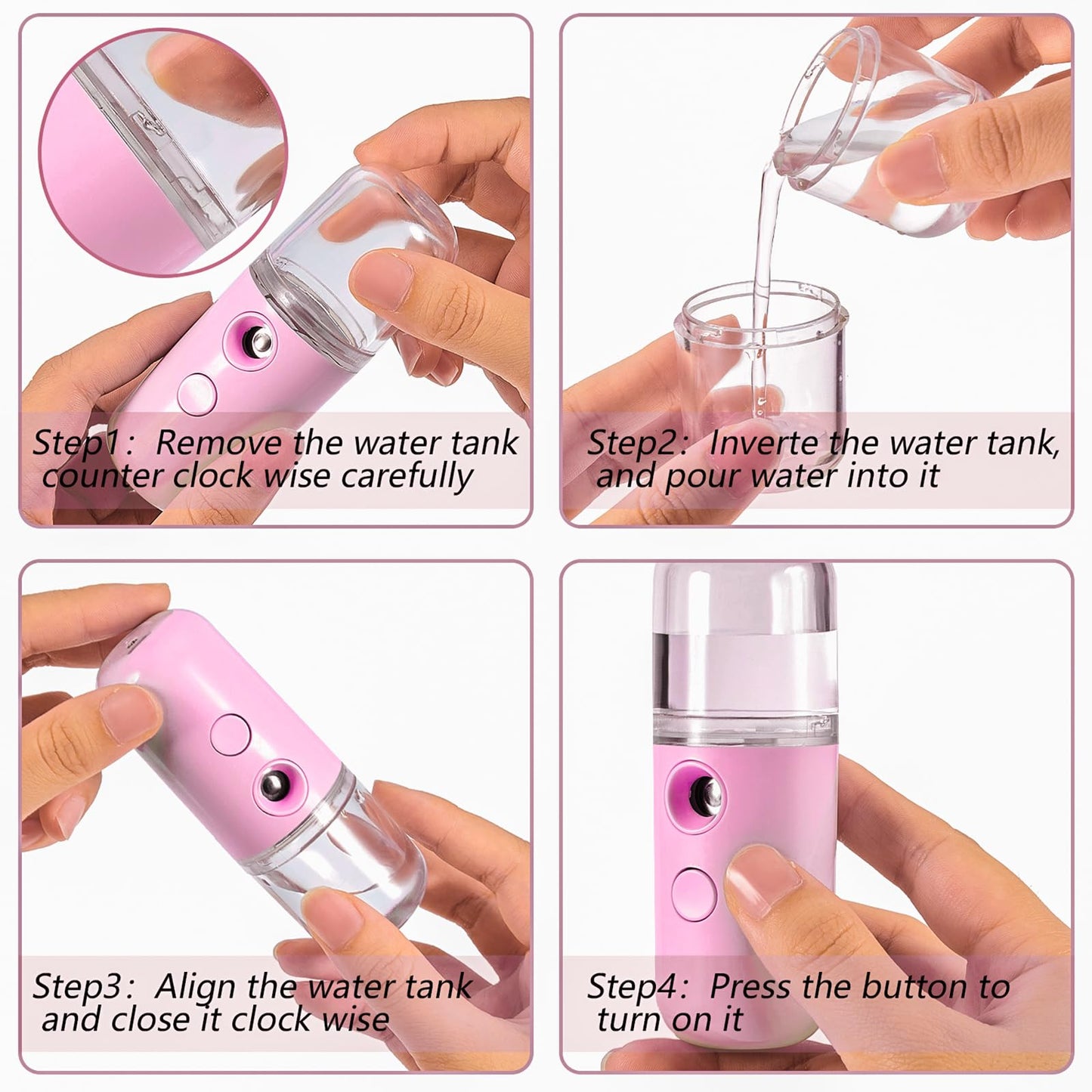 Mudder 4 Pcs Nano Facial Mister Handy Nano Mist Sprayer 30ml Visual Water Tank Portable Face Steamer Mini USB Mister for Lash Extensions, Skin Care, Makeup(White, Black, Light Pink, Pink)