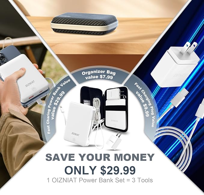 10000mAh Power Bank Portable Charger, Ultra Slim 22.5W Fast Charging with Built in USB C and ‌Lightning Cable, 4 Outputs Power Bank for iPhone 11/12/13/14/15/16 Android Samsung - White