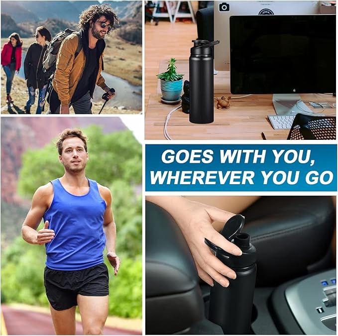 CHENGU 4 Pcs Aluminum Water Bottle 24oz Aluminum Reusable Bottles Lightweight Snap Lid Sports Water Multipack Easy Carry Leak Proof Travel for Gym Camping Hiking Outdoor Fishing (Black)