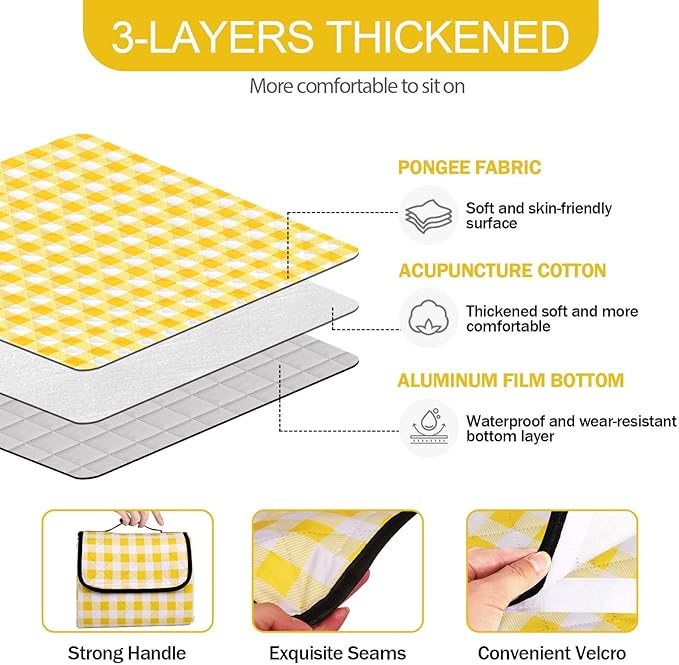 78.7’’* 78.7’’ Extra Large Waterproof Picnic Blankets, Three-Layer Thick Foldable Outdoor Blanket, All-in-one Portable, Suitable for Park Picnics, Camping, Beach, Indoor Blanket (Yellow)