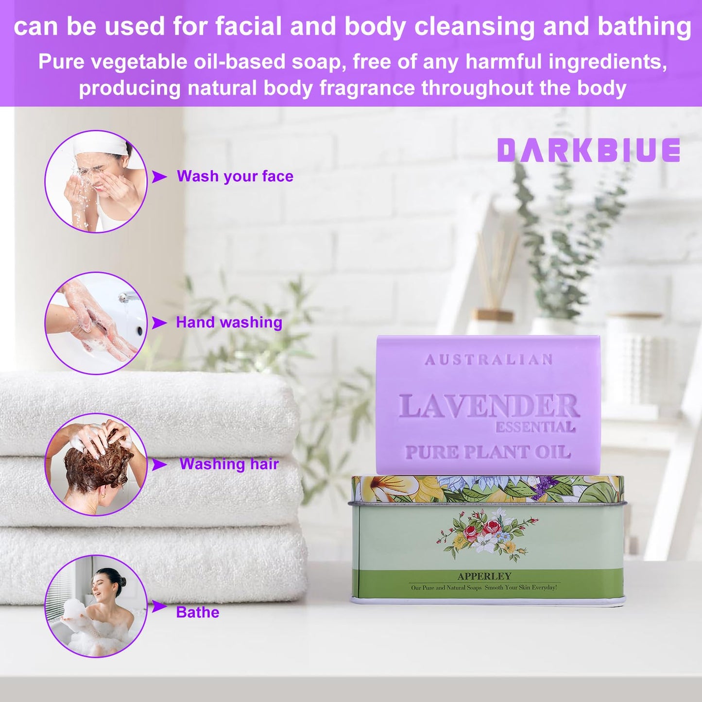 DarkBlue-australian natural bath and body soap bars;great scent(fragrance smell);cleansing well;skin feeling soft;wash hair;shea moisture soap bars;lavender bar (Essential Lavender)