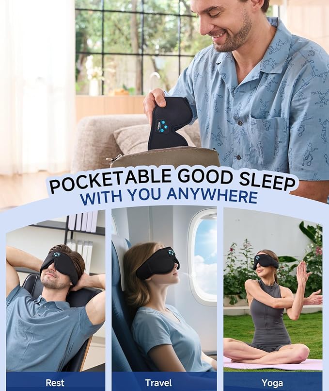 Voerou Sleep Headphones 3D Sleep Mask with Bluetooth, Adjustable Wireless Eye Mask for Sleeping for Women Men, Sleeping Headphone with Ultra-Thin Stereo Speakers Perfect for Sleep Naps