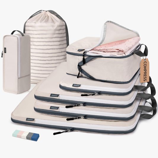 CherryNow Compression Packing Cubes, 7 Set Packing Cubes for Travel Women, Travel Essentials for Backpack, Beige