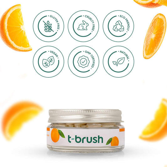T-brush Whitening Travel Toothpaste Tablets Natural Ingredients, SLS Free, Gluten Free, Cruelty Free, Eco Friendly Packaging, Vegan - Orange Flavoured- Fluoride Free- 90 Tablets