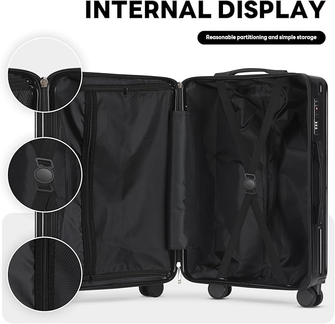 20 Inch Carry On Luggage With Cup Holder & USB Port, Airline Approved TSA-locked Luggage, Lightweight PC Material Travel Suitcase With 360° Spinner Wheel (14-20-24in Black, 14-20-24in)