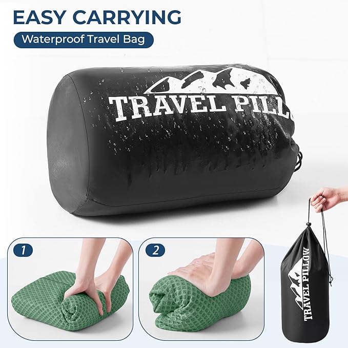 Travel Pillow Memory Foam Pillows, Ergonomic Wave Cervical Neck Pillow for Neck Pain Relief, Compressible Medium Firm Side Sleeper Pillow, Ideal for Camping, Office, Home & Bed (Green, L)