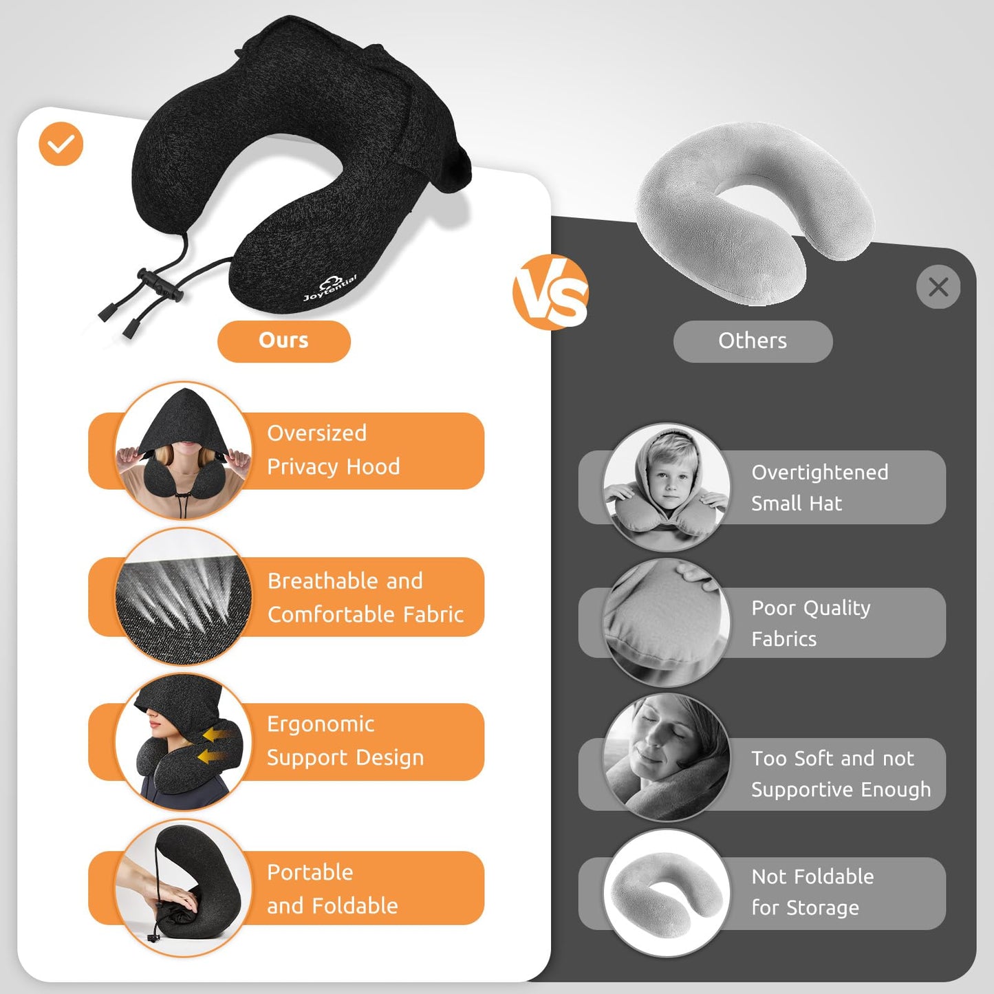 Joytential Travel Neck Pillow with Large Hood for Long Flights, Privacy Hooded Plane Pillow with Skin-Friendly Cover, Comfort Memory Foam, Travel Pillows for Road Trip, Airplane, Office Rest (Black)