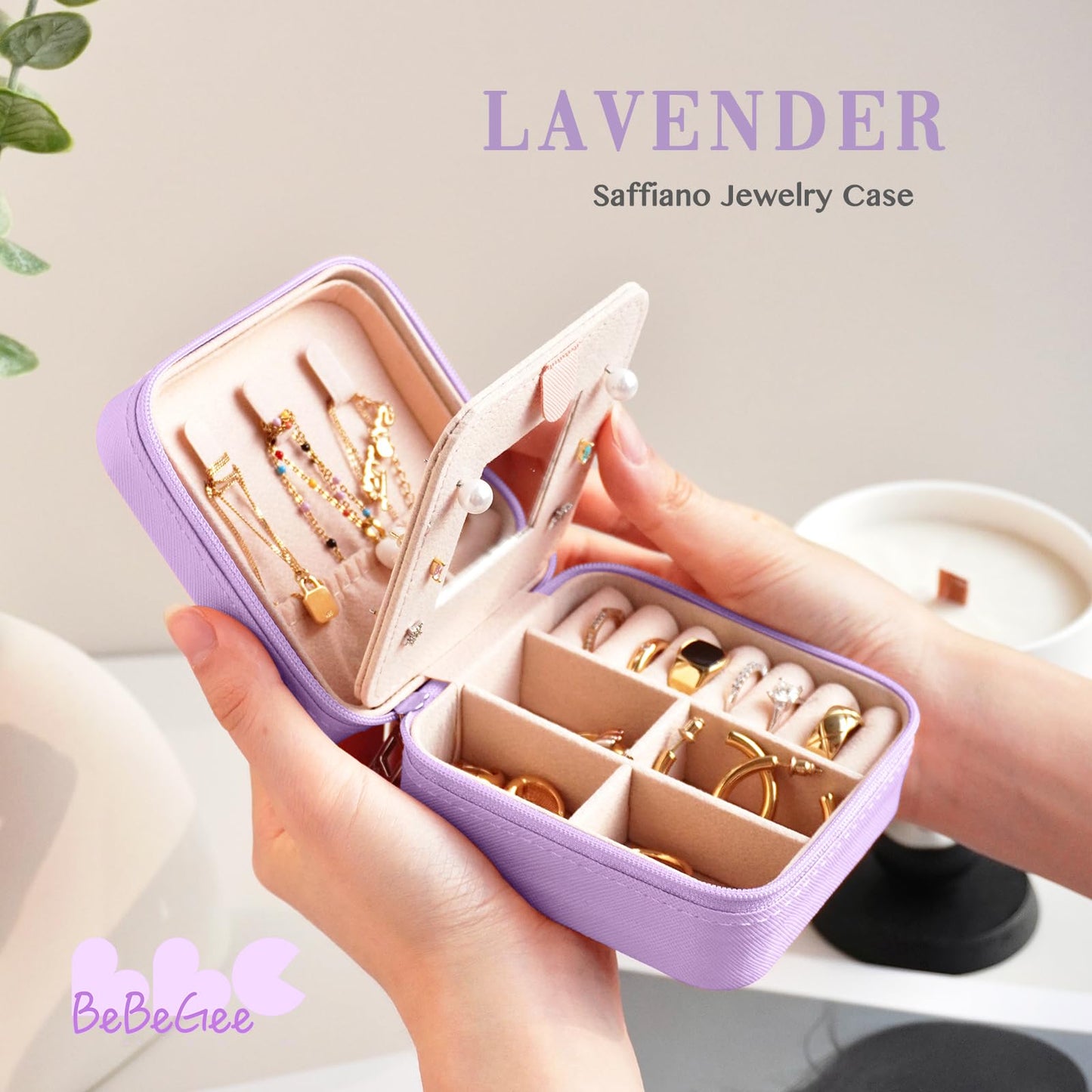 Travel Jewelry Case Mini Portable Jewelry Travel Organizer, Teacher Gifts, Small Jewelry Box for Bridesmaid Proposal Gift, Birthday Gifts for Women to Store Jewelry(Lavender with Mirror)