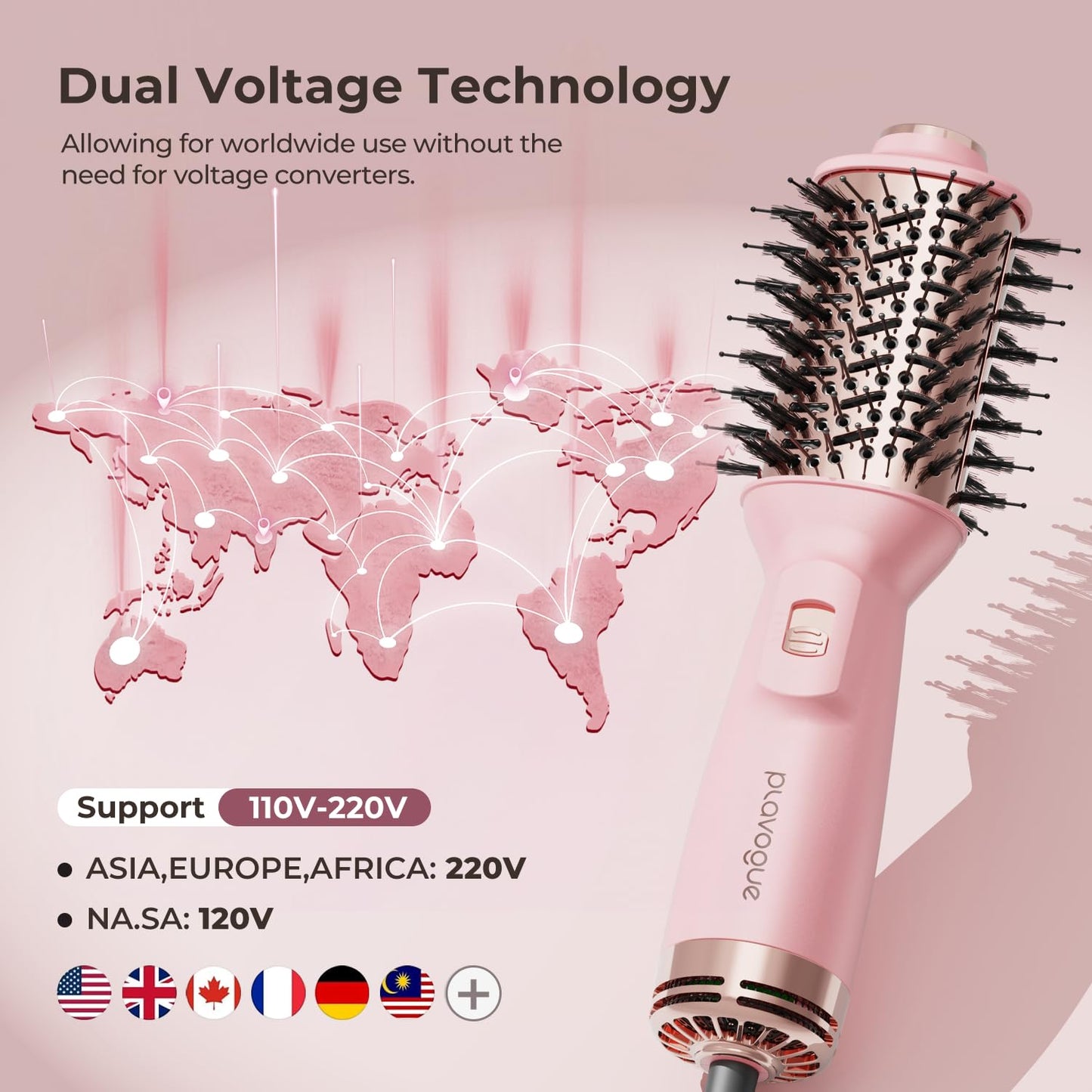 PLAVOGUE Mini Dual Voltage Hair Dryer Brush, 1000 Watts Travel Hot Air Brush with European Plug，Ionic One Step Blow Dryer and Styling Brush with Ceramic Coating for Women for Home & Salon