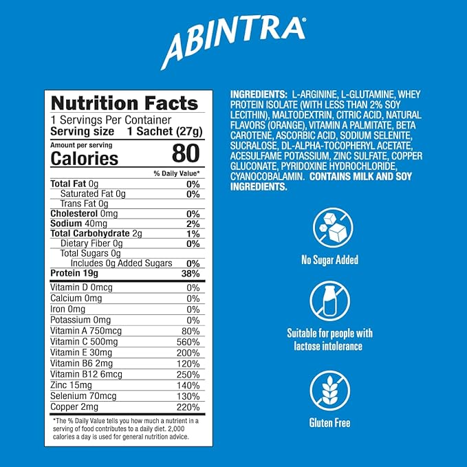 ABINTRA Specialized Wound Healing Nutritional Supplement includes L-Arginine, L-Glutamine, Whey Protein, Vitamins and Minerals, Orange Flavor, Made in The USA - 30 Packets