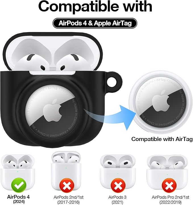 2 in 1 Silicone Case Compatible with AirPod 4 and AirTag, Shockproof Protective Skin Cover for AirPods 4th Generation with Cleaner Kit & Carabiner (Black)
