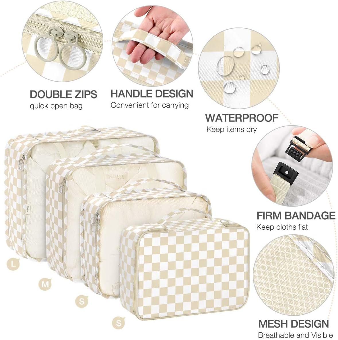 8 Set Packing Cubes for Suitcases,Packing Cube with Shoe, Cosmetics, Clothing, and Accessories Bags Packing Cubes for Travel Luggage Organizer Women Men(Khaki Checkered)