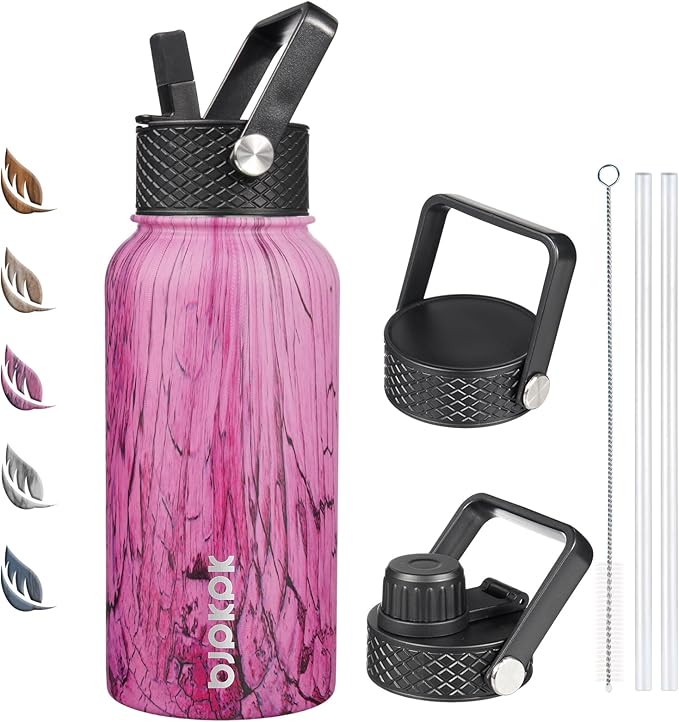 BJPKPK Insulated Water Bottles with Straw Lid, 27oz Stainless Steel Water Bottle with 3 Lids, Leak Proof BPA Free Metal Thermo, Mugs, Tumblers, Keep Cold Hot - Wood Pink