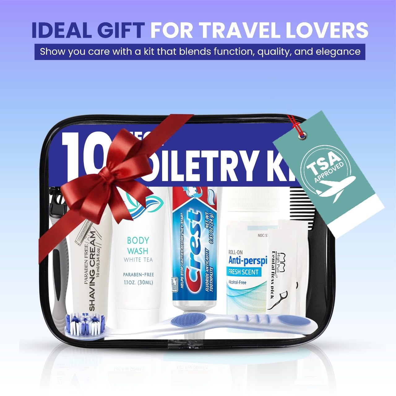 Trektote Travel Toiletry Kit For Men And Women – 10 Piece Set of Travel Size Toiletries, TSA Compliant, Includes Body Wash, Deodorant, Shaving Cream And Razor, Oral Care, Reusable Toiletry Bag & More