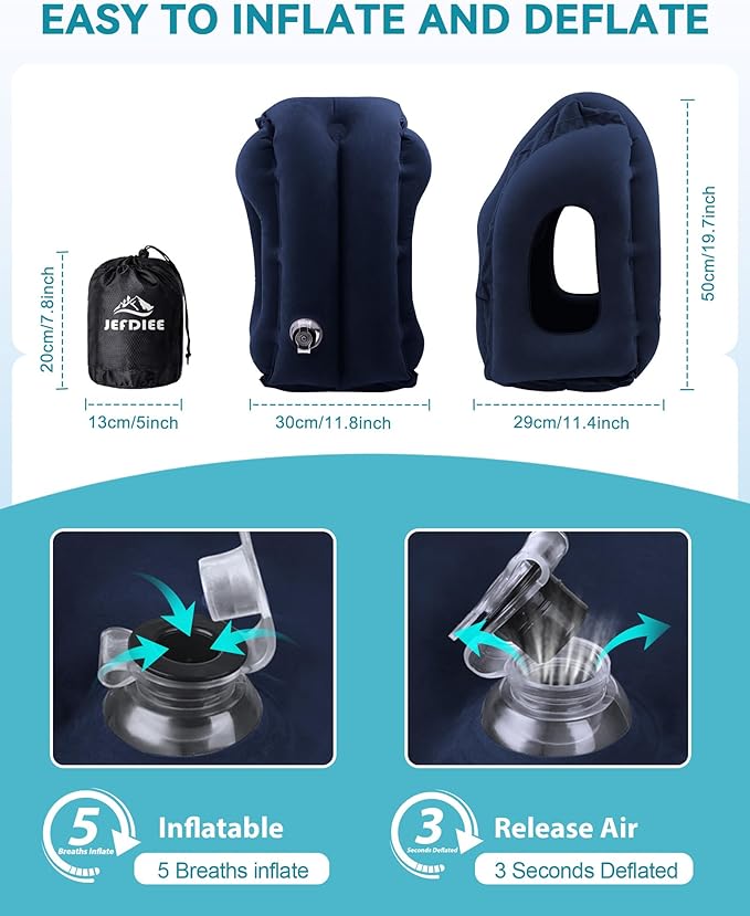 JefDiee Inflatable Travel Pillow, Airplane Neck Pillow Comfortably Supports Head and Chin for Airplanes, Trains, Cars and Office Napping with 3D Eye Mask, Earplugs and Portable Drawstring Bag (Blue)
