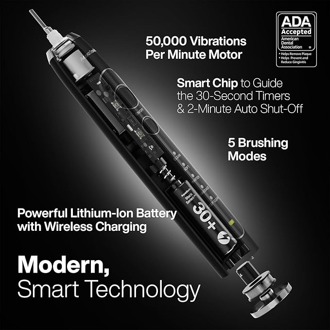 Aquasonic Black Series PRO – Ultra-Whitening Electric Toothbrush – 5 Modes & Smart Timers – Premium Travel Case & 6 Proflex Brush Heads – ADA Accepted Toothbrush