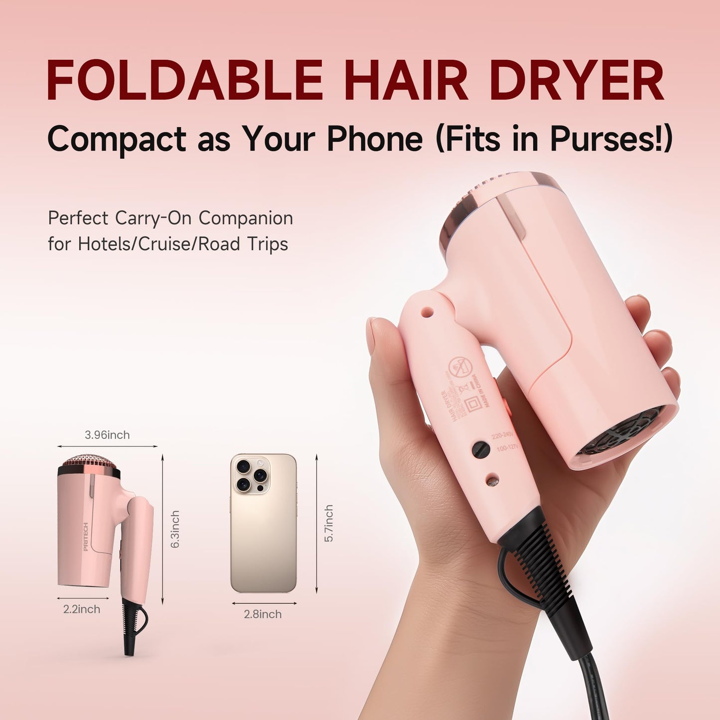 PRITECH 1250W Dual Voltage Travel Hair Dryer - Foldable Blow Dryer with Concentrator Diffuser,110V/220V Worldwide Use, Compact Lightweight Design, EU Plug Included