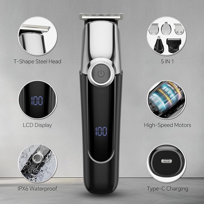 Beard Trimmer for Men, 5 in 1 Electric Razor for Men, Cordless Hair Clippers, Waterproof Grooming Kit for Shaving Face, Mustache, Body, Ear, Nose Hair Trimmer, Black