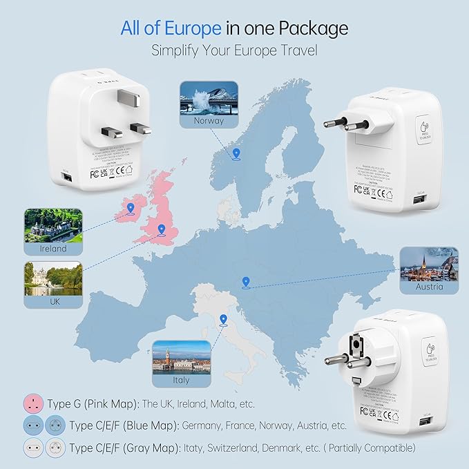 BEONDON European Travel Adapter Kit with Detachable Plugs (C/E/F/G) for UK, France, Germany, Italy, Spain & More - 2 US Outlets & 5 USB Ports (3 USB C) - Multi-Device Charger