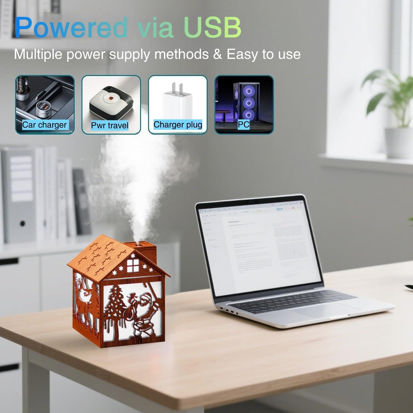 Colorful Cool Mini Humidifier, Cabin styling with Christmas theme，USB Personal Desktop Humidifier 2 Mist Modes, 7 colors,Super Quiet Perfect for Baby Bedroom, Office (Darkwood)