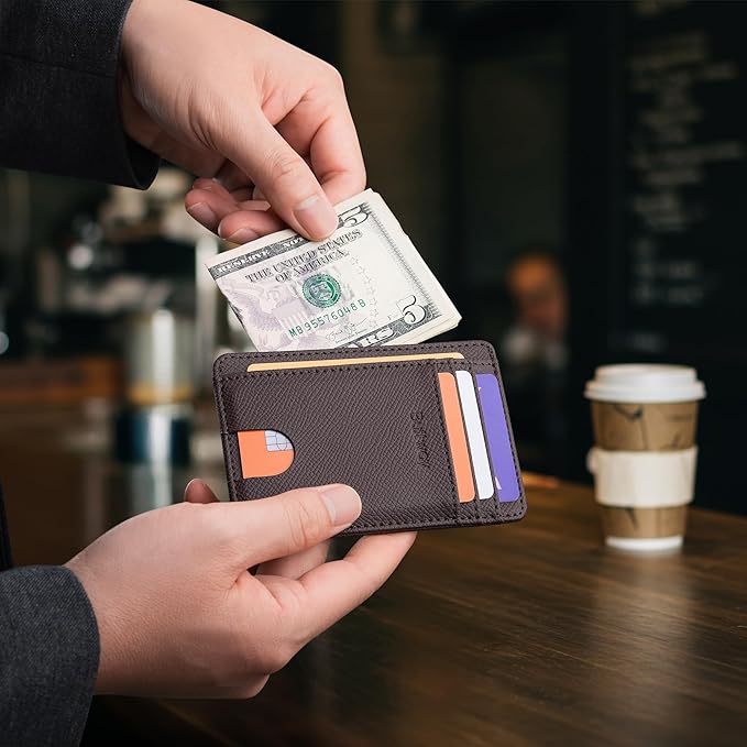 Buffway Slim Minimalist Front Pocket RFID Blocking Leather Wallets for Men and Women - Galaxy Coffee